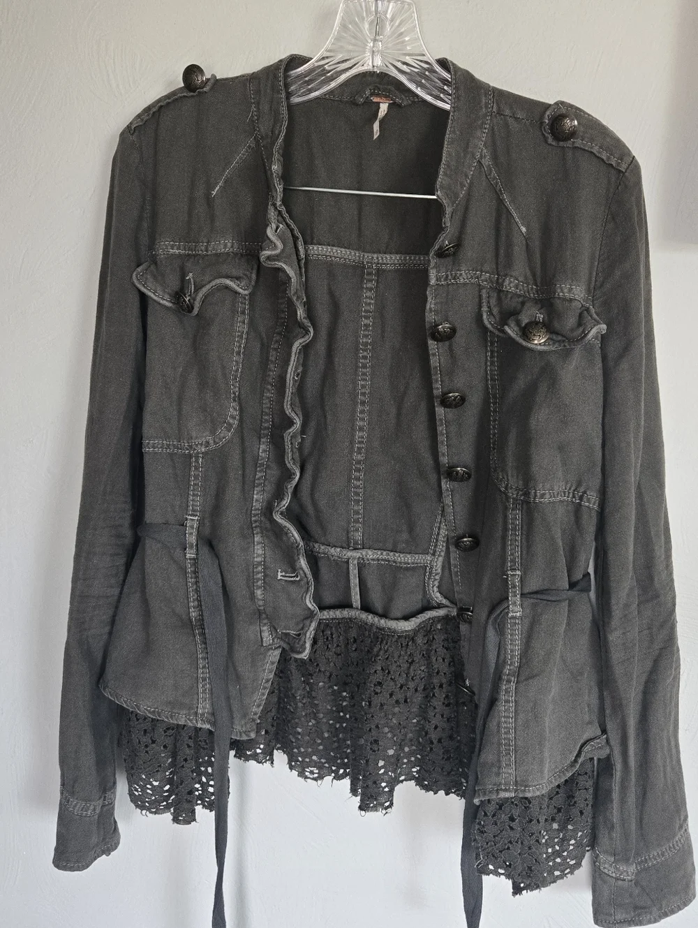 Free People• Emilia Military Utility Jacket with Lace Hem In Bitter Olive.Sz XS - Picture 6 of 16